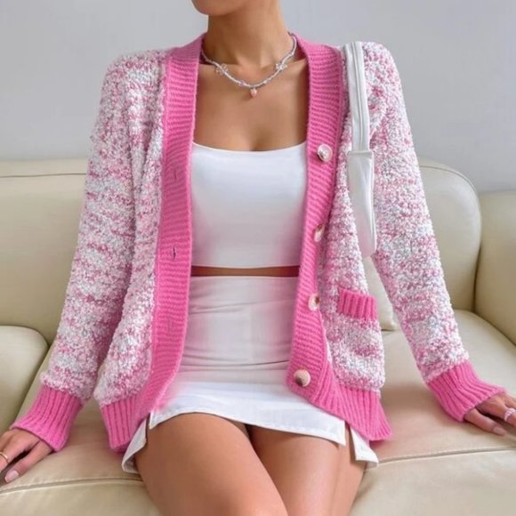 Pink Pocketed Popcorn Knit  Oversized Cardigan - Picture 3 of 7